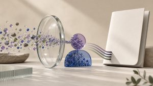 Abstract topic research particles resolving through a lens into a structured client report