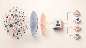 A broad company-level signal cloud narrows through confidence and privacy lenses into one abstract contact tile with bounded activation routes.