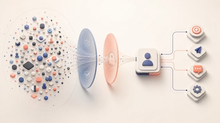A broad company-level signal cloud narrows through confidence and privacy lenses into one abstract contact tile with bounded activation routes.