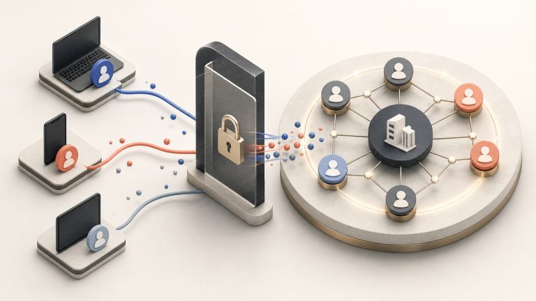 Anonymous laptop, phone, and tablet touchpoint tokens converge through a privacy gate into one confidence-bounded account-and-contact identity graph.