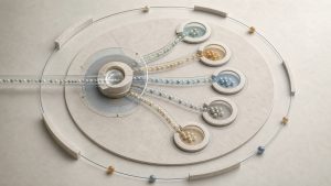 A governed intent stream moves through identity and privacy checkpoints, then splits into several abstract advertising destinations before returning outcome tokens through a measurement loop.