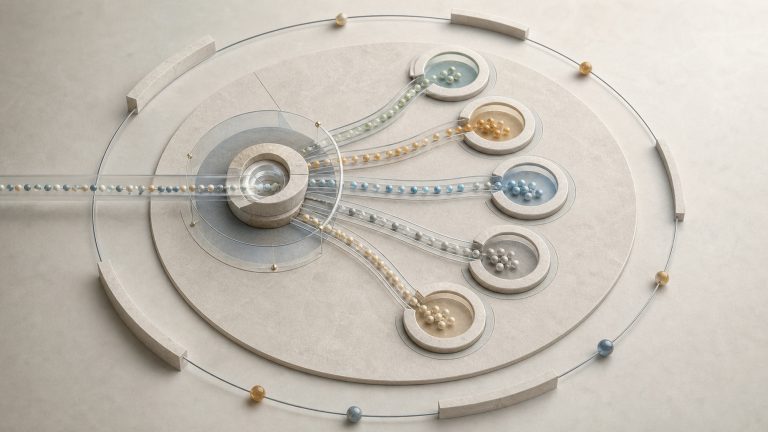 A governed intent stream moves through identity and privacy checkpoints, then splits into several abstract advertising destinations before returning outcome tokens through a measurement loop.