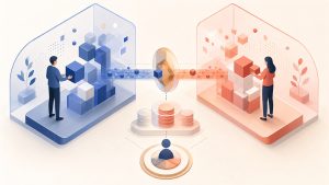 Separate intent-data responsibility lanes joined by a governed operational handoff