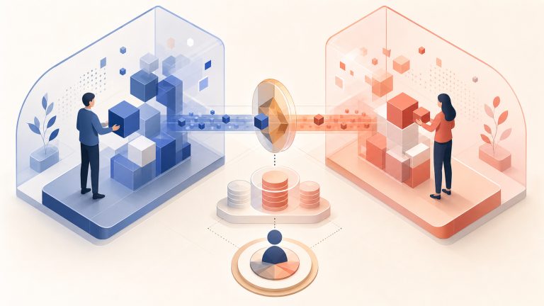 Separate intent-data responsibility lanes joined by a governed operational handoff