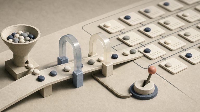 Abstract intent tokens pass through identity and validation gates into a clean grid of connected CRM-style record objects, with a restrained feedback loop and a human approval marker.