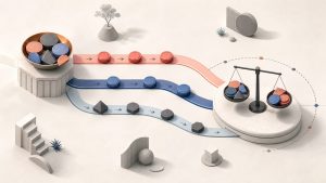 Investment tokens moving through operating cycles toward a balance point along faster and slower scenario paths