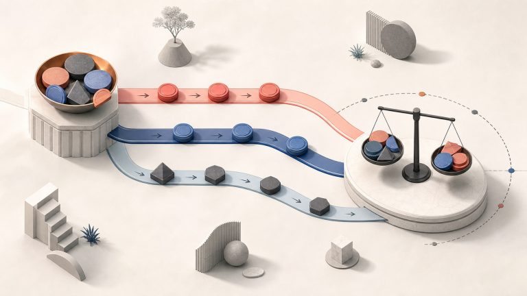Investment tokens moving through operating cycles toward a balance point along faster and slower scenario paths