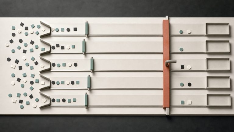 Scored signal objects enter a set of sales-engagement queue lanes through ownership, suppression, and approval gates, while a visible human checkpoint prevents automatic overreach.