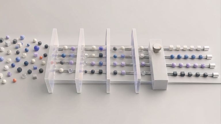 Abstract intent signals moving through orderly automation rails and a human approval control