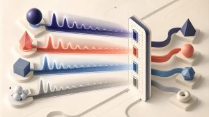 Several abstract signal pulses travel along separate time lanes and fade at visibly different rates before reaching a routing gate.