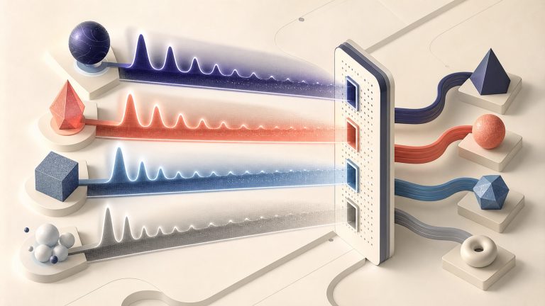 Several abstract signal pulses travel along separate time lanes and fade at visibly different rates before reaching a routing gate.