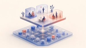 A distinct data infrastructure layer feeding a separate branded agency-delivery layer through a controlled interface