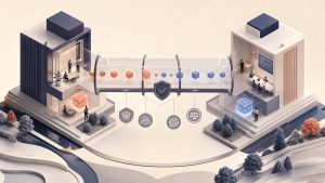Two distinct organizations exchange one governed stream of intent tokens across a transparent partnership bridge with rights and quality gates.