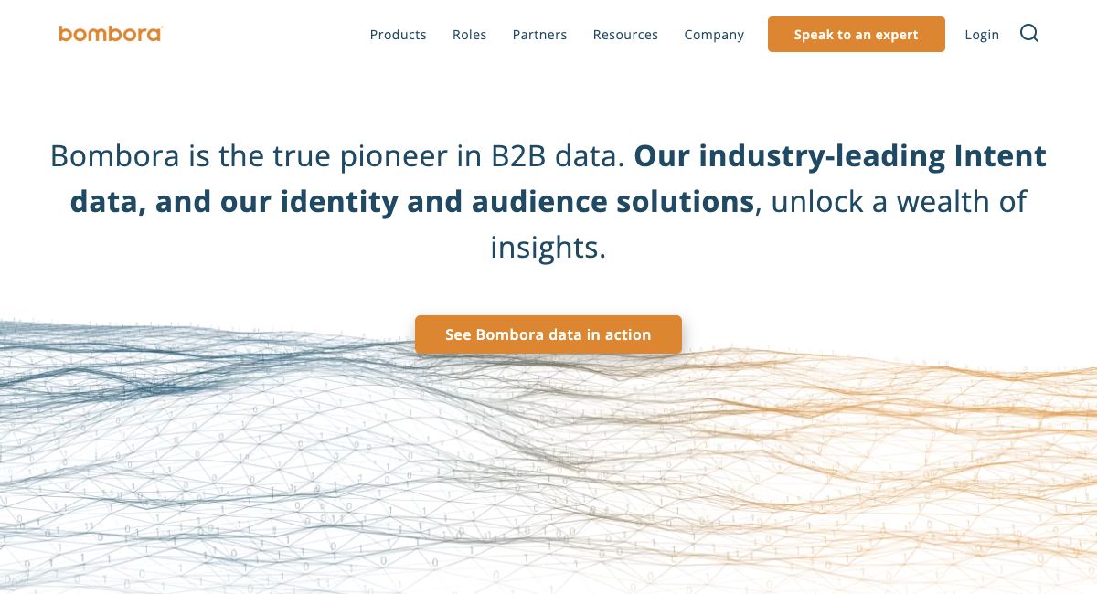 Bombora homepage hero focused on B2B intent, identity, and audience data