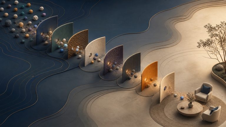 Abstract company activity passing through eight qualification gates into a calm conversation space