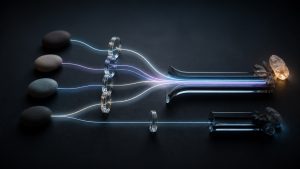 Premium conceptual still life of illuminated evidence paths passing through glass checkpoints into separate channels