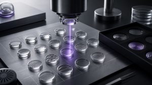 Premium editorial inspection station with a precision lens, glass data tokens, and a separate exception tray