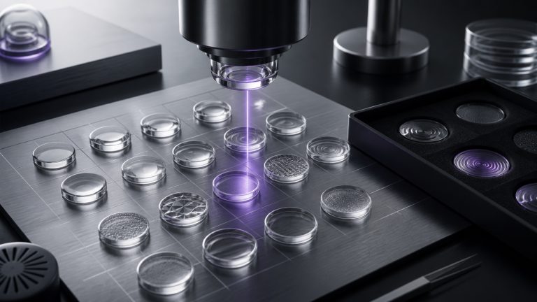 Premium editorial inspection station with a precision lens, glass data tokens, and a separate exception tray