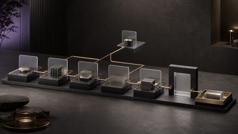 Premium editorial modular workflow stations connected by brass rails with a review gate and final handoff tray