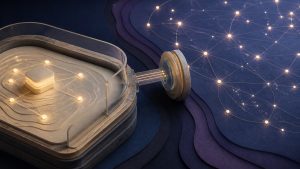 Abstract editorial still life connecting a protected signal ledger with a broad external signal field