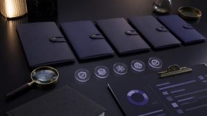 Editorial due diligence desk with blank dossiers, magnifier, verification tokens, and abstract risk checklist