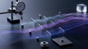 Editorial calibration instruments and translucent signal lanes arranged over a neutral benchmark grid