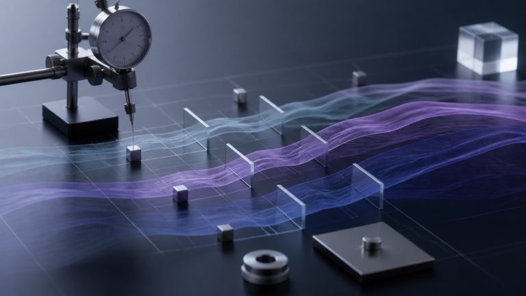 Editorial calibration instruments and translucent signal lanes arranged over a neutral benchmark grid