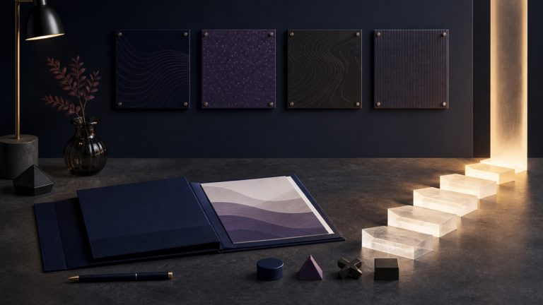 Editorial quarterly review workspace with four evidence panels, decision markers, and a luminous forward path