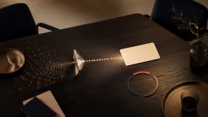 Editorial conference-table still life showing noisy signals becoming a clear discovery path