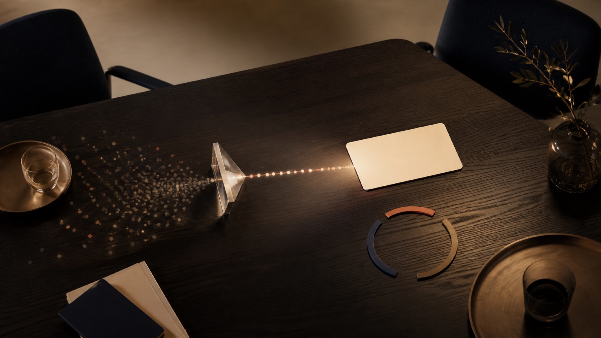 Editorial conference-table still life showing noisy signals becoming a clear discovery path