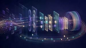 Abstract managed intent operations center with signal gates, evidence stages, and a review loop
