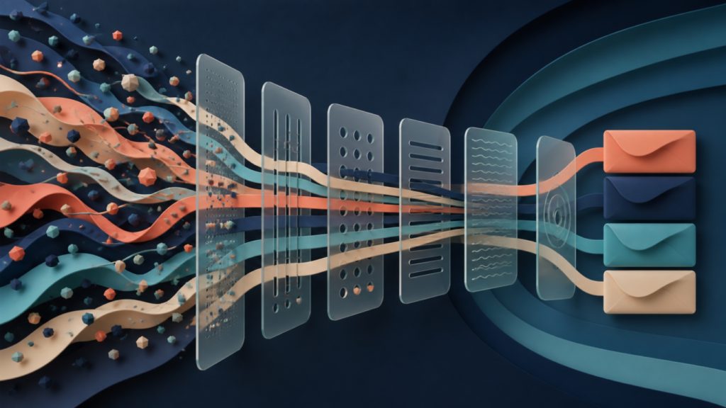 Abstract signal streams passing through relevance and delivery controls into calm alert packets