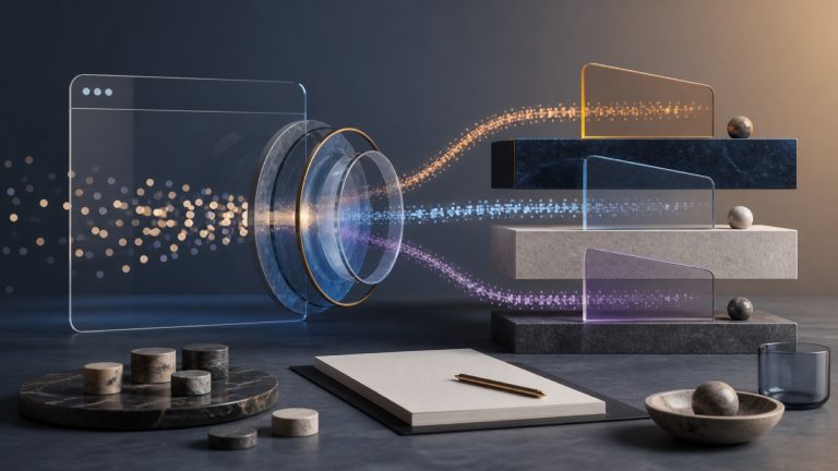 Abstract editorial pricing laboratory with anonymous visitor signals passing through an identity lens into service tiers
