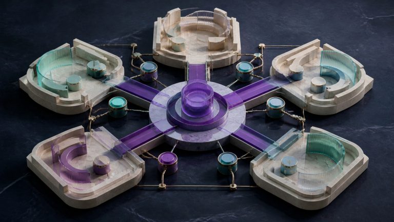 Abstract shared operating hub connected to isolated client cells through governed routes