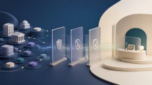 Abstract healthcare business network with company signals passing through permission and review gates