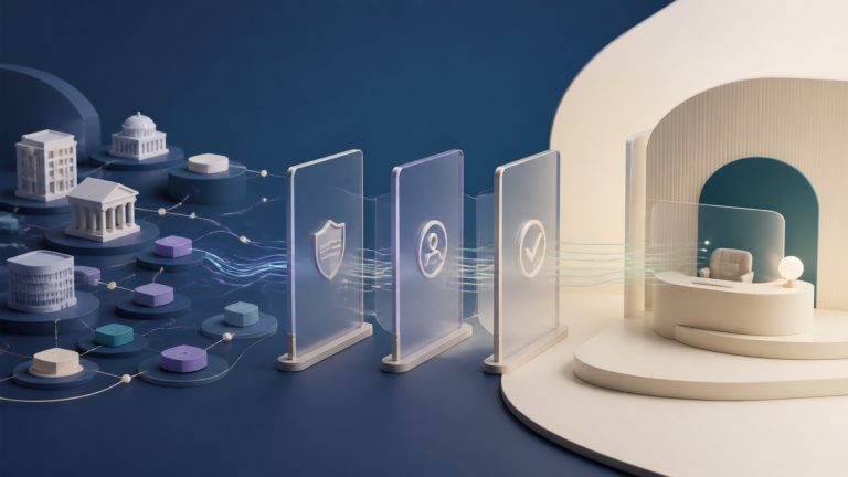 Abstract healthcare business network with company signals passing through permission and review gates