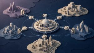Abstract regional islands connected through separate jurisdiction gates and controlled routes