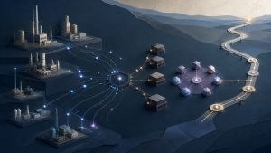 Abstract industrial plants and stakeholder nodes connected to a long evidence path