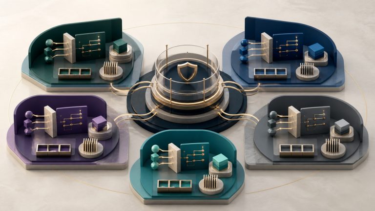 Five separate client intent workspaces connected through one governed service core
