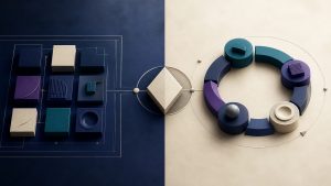 Abstract consulting blueprint and managed operations loop joined by a service-model decision gate