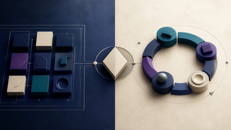 Abstract consulting blueprint and managed operations loop joined by a service-model decision gate