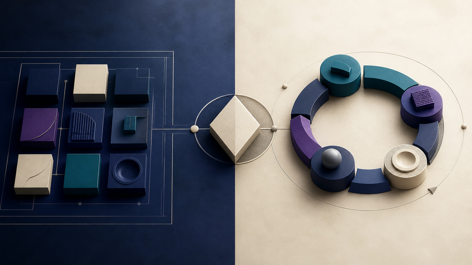 Abstract consulting blueprint and managed operations loop joined by a service-model decision gate