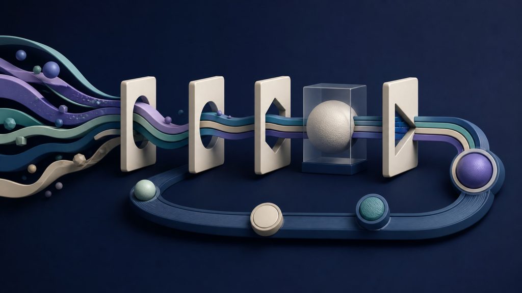 Abstract topic streams moving through qualification gates and a recurring maintenance loop