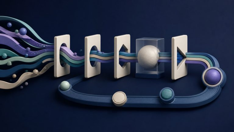 Abstract topic streams moving through qualification gates and a recurring maintenance loop