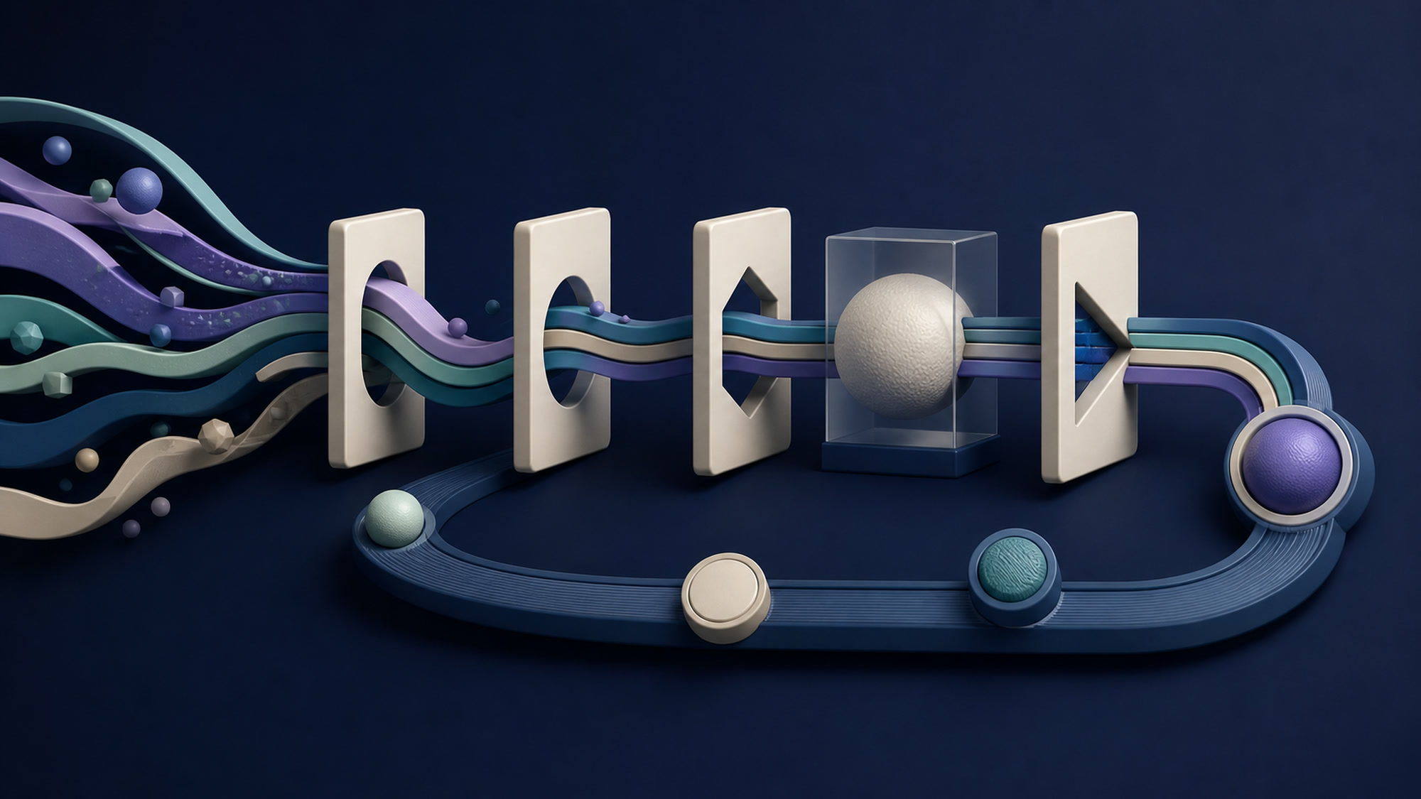 Abstract topic streams moving through qualification gates and a recurring maintenance loop