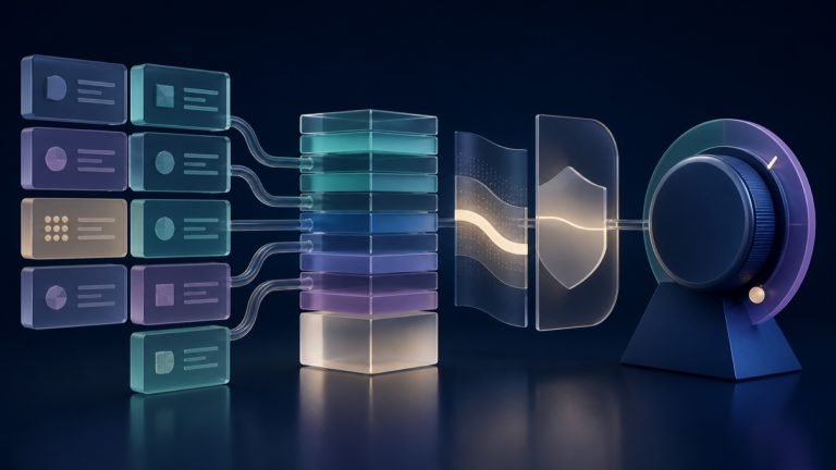 Abstract service modules feeding a cost stack, guardrail, and pricing decision dial
