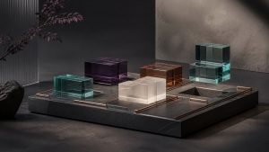 Modular glass and stone editorial composition representing controlled intent-service add-ons