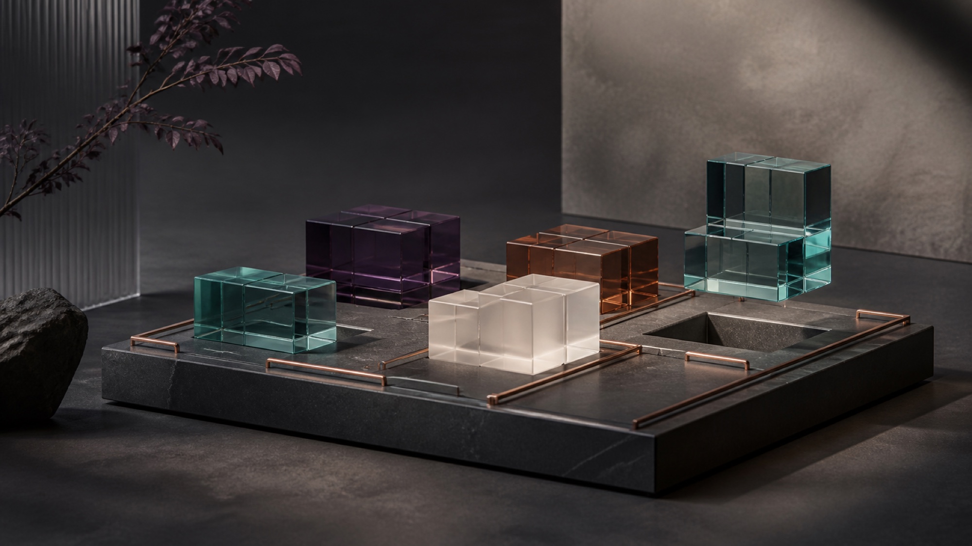 Modular glass and stone editorial composition representing controlled intent-service add-ons
