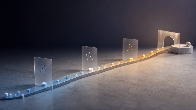 Editorial illustration of buyer signals progressing through checkpoints across a long sales cycle.