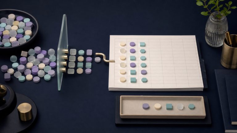 Abstract intent signal tokens becoming organized rows in a blank spreadsheet grid